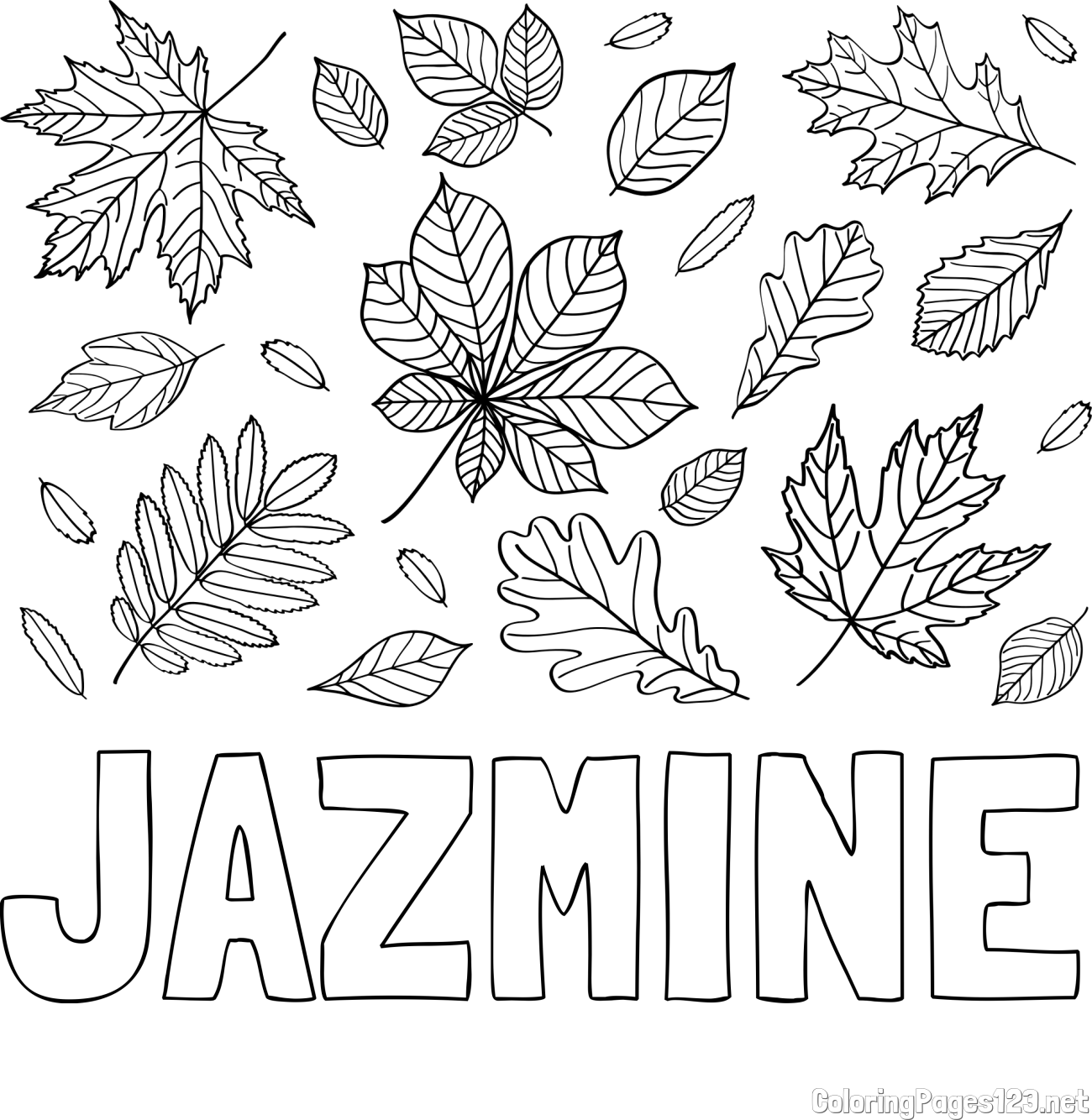 JAZMINE Coloring Page and Autumn Leaves Coloring Page
