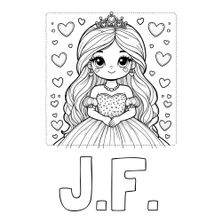Online Created Coloring Page - J.F. Coloring Page and Coloring Page of a Princess Surrounded by Hearts