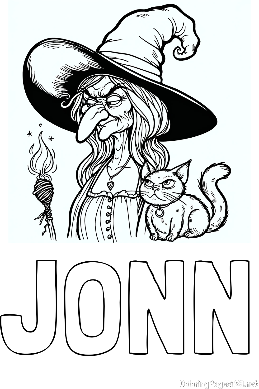 JONN Coloring Page and Coloring Page of an Evil Old Witch and a Cat