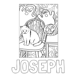 Online Created Coloring Page - JOSEPH Coloring Page and Halloween Coloring Page of a Cat with Pumpkin and Spooky Ghosts