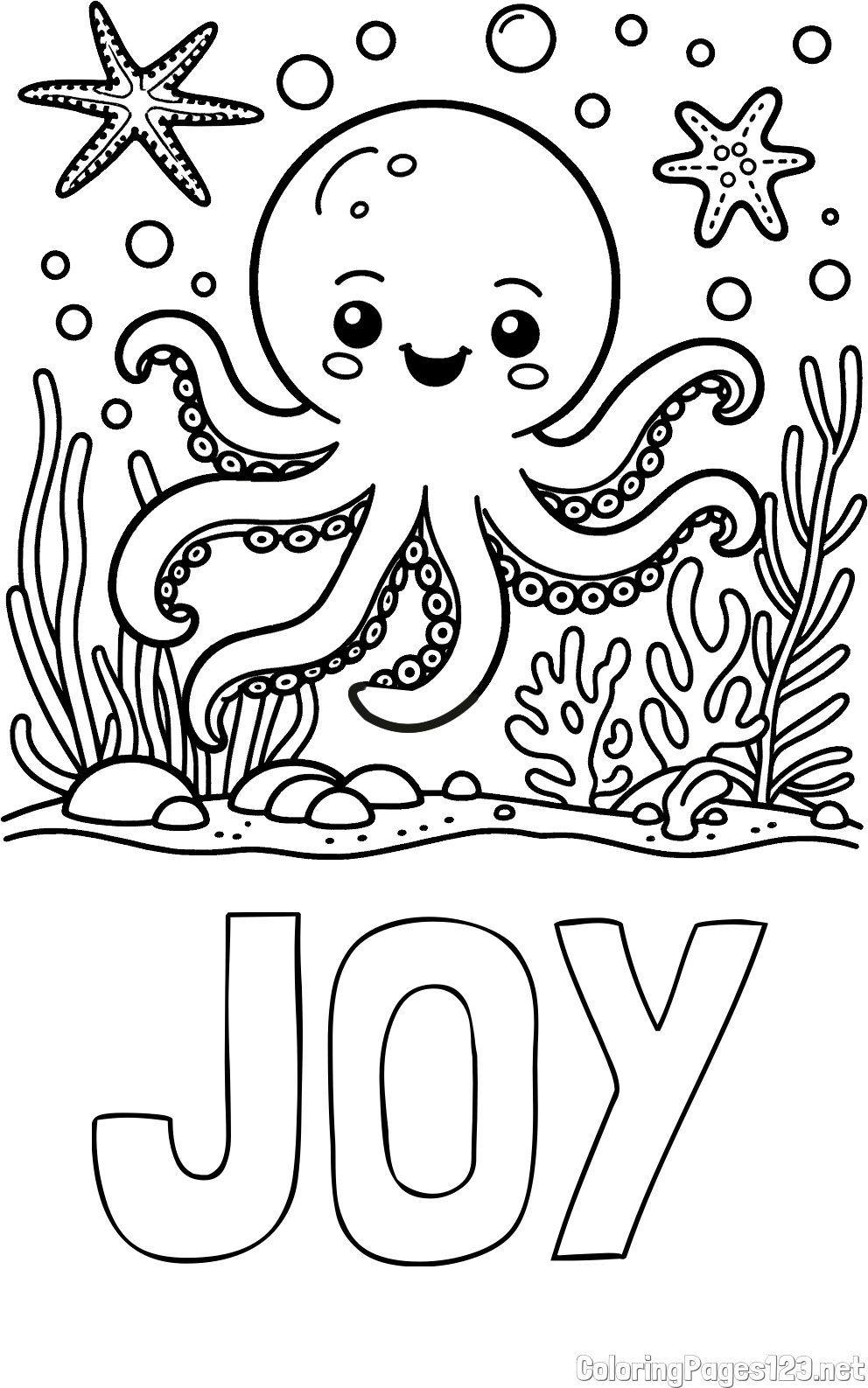 JOY Coloring Page alongside Coloring Page of a Cute Octopus in the Ocean