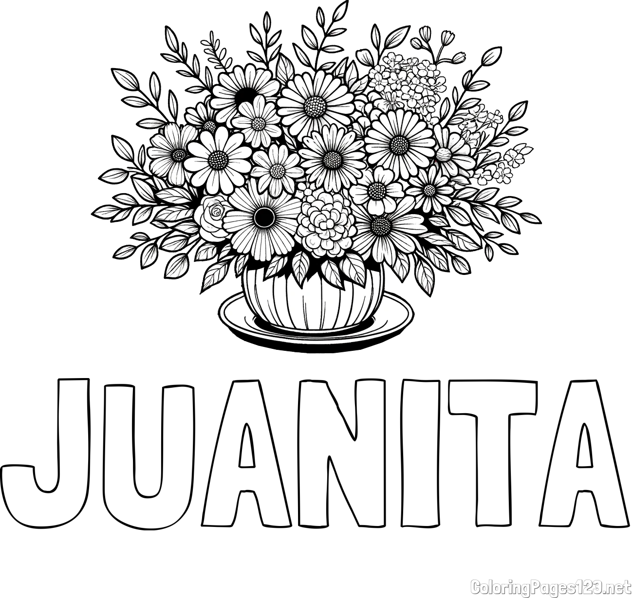 JUANITA Coloring Page and Beautiful Bouquet of Flowers Coloring Page