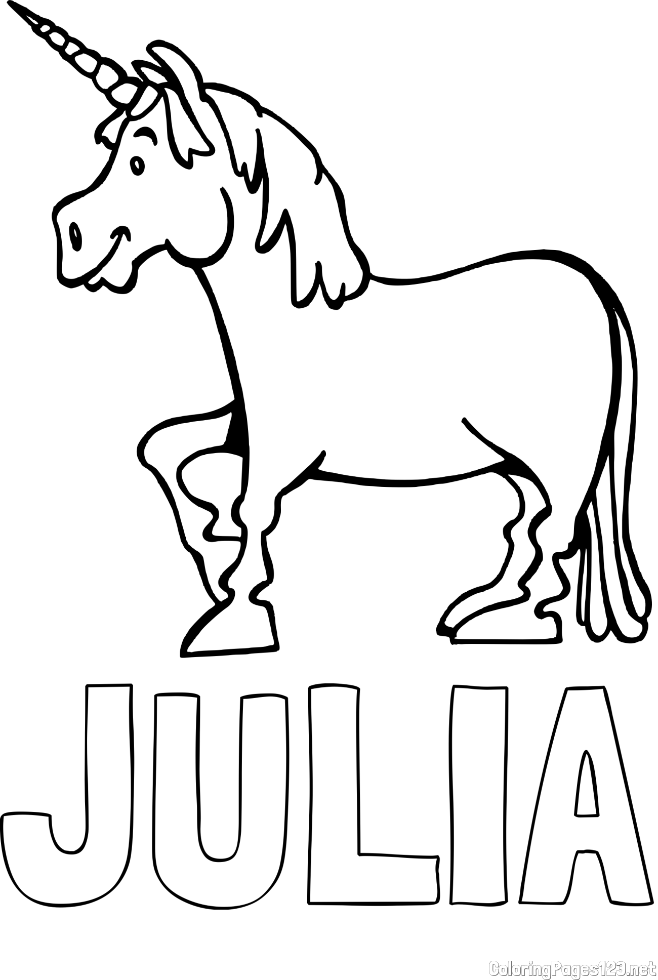 JULIA Coloring Page and Coloring Page of a Joyful Unicorn