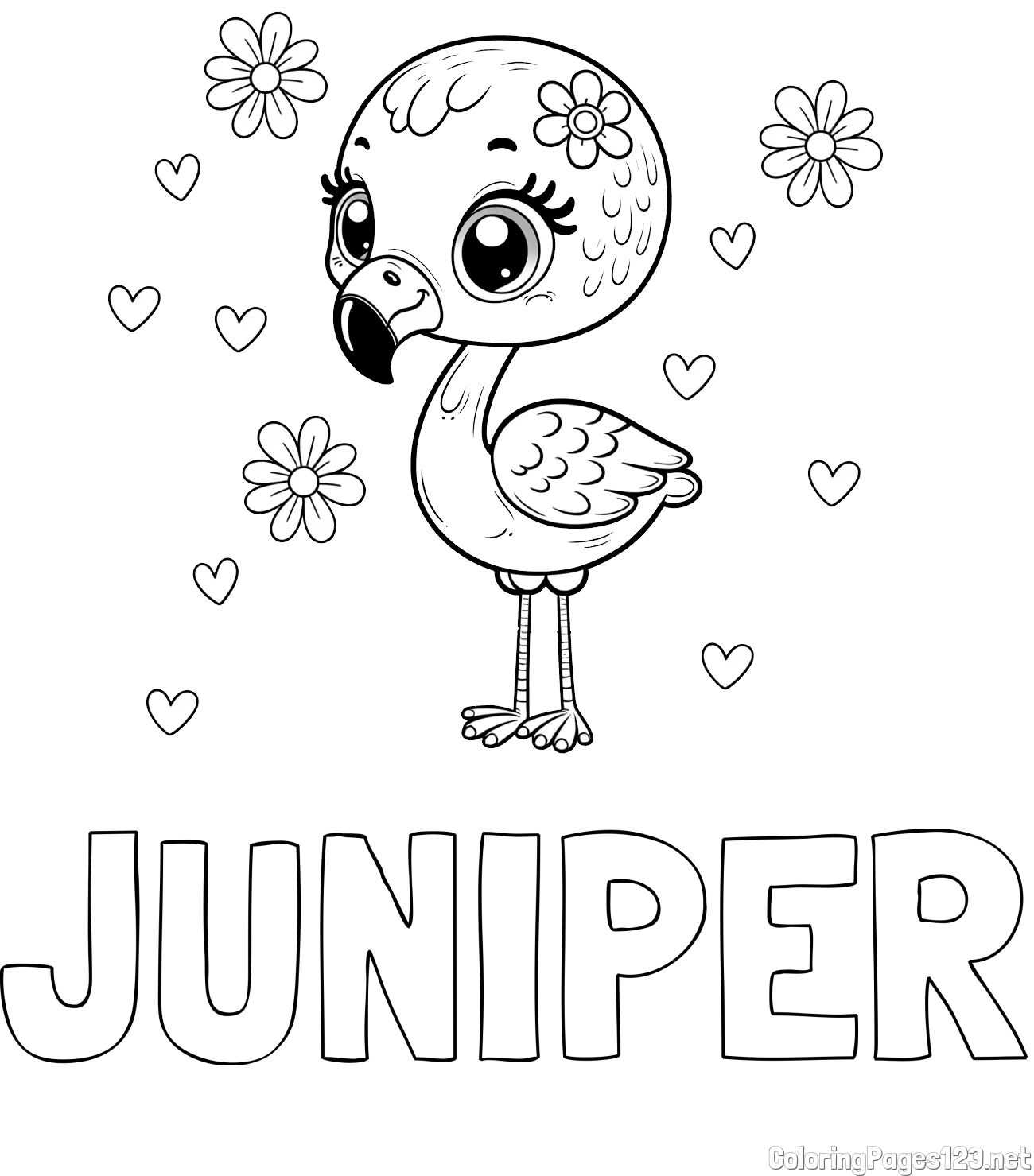 JUNIPER Coloring Page and Coloring Page of a Cute Flamingo with Flowers
