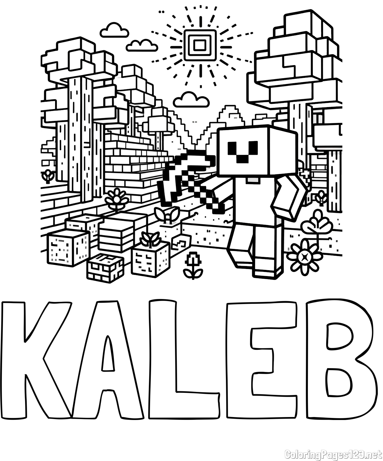 KALEB Coloring Page and Minecraft World Coloring Page