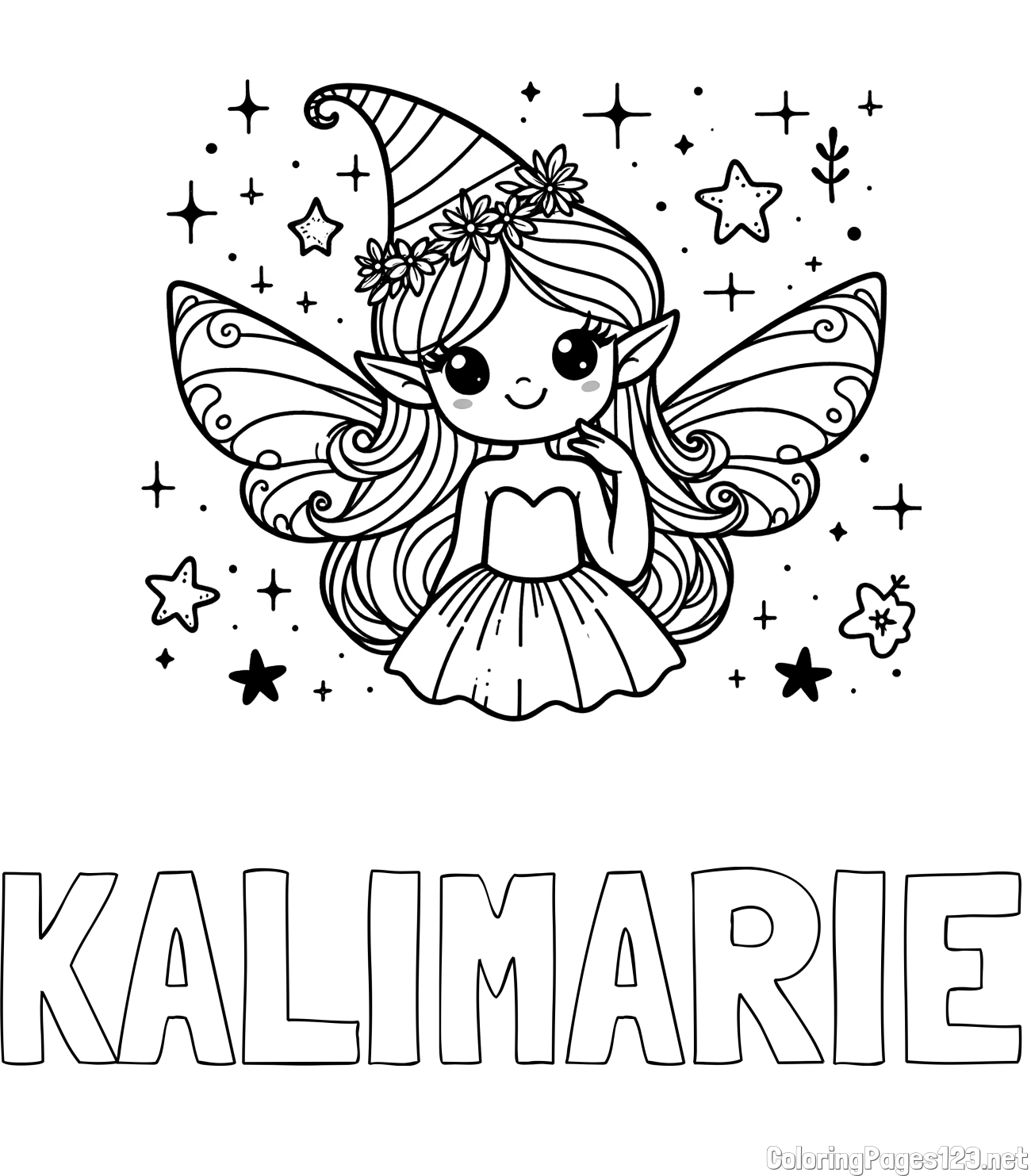 KALIMARIE Coloring Page and Coloring Page of a Cute and Smiling Magical Fairy
