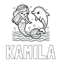KAMILA Coloring Page alongside Coloring Page of a Cute Mermaid Dancing with a Dolphin