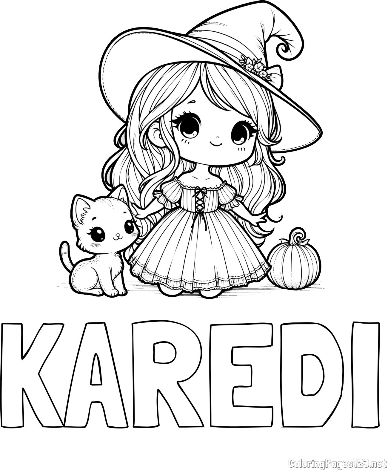 KAREDI Coloring Page and Coloring Page of a Cute Witch and a Cat