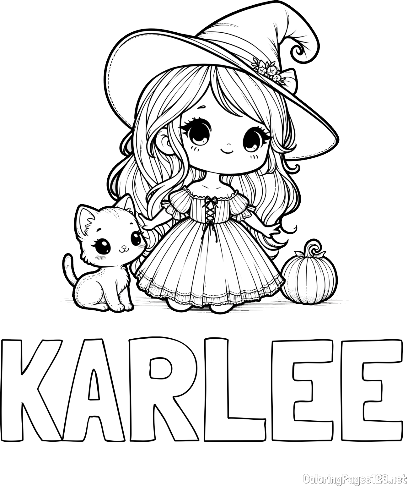 KARLEE Coloring Page and Coloring Page of a Cute Witch and a Cat