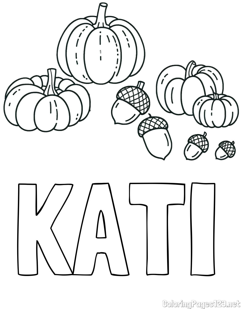 KATI Coloring Page and Autumn Harvest Coloring Page - Acorns and Pumpkins