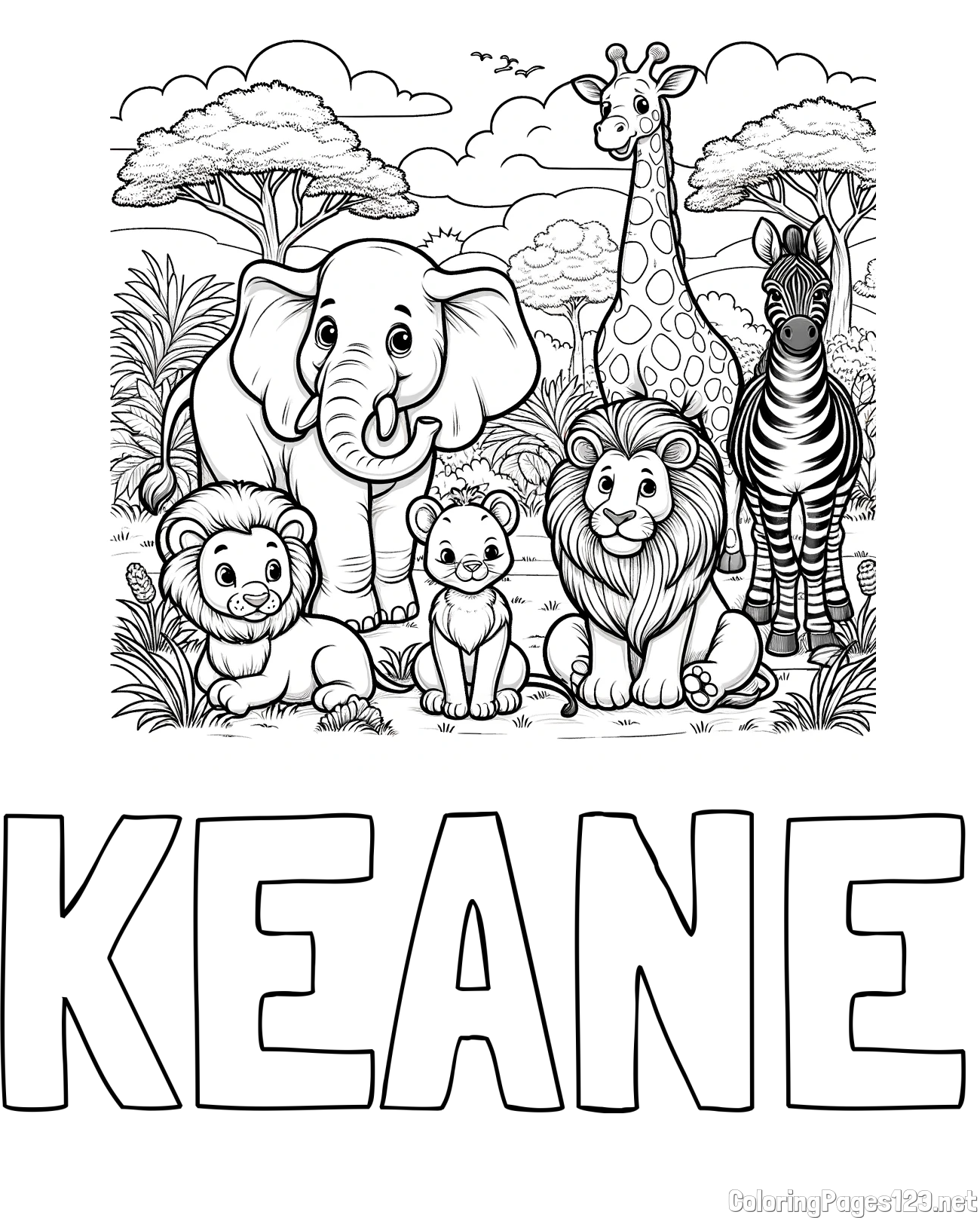 KEANE Coloring Page and Beautiful Animal Coloring Page - Lion Family, Elephant, Giraffe, and Zebra