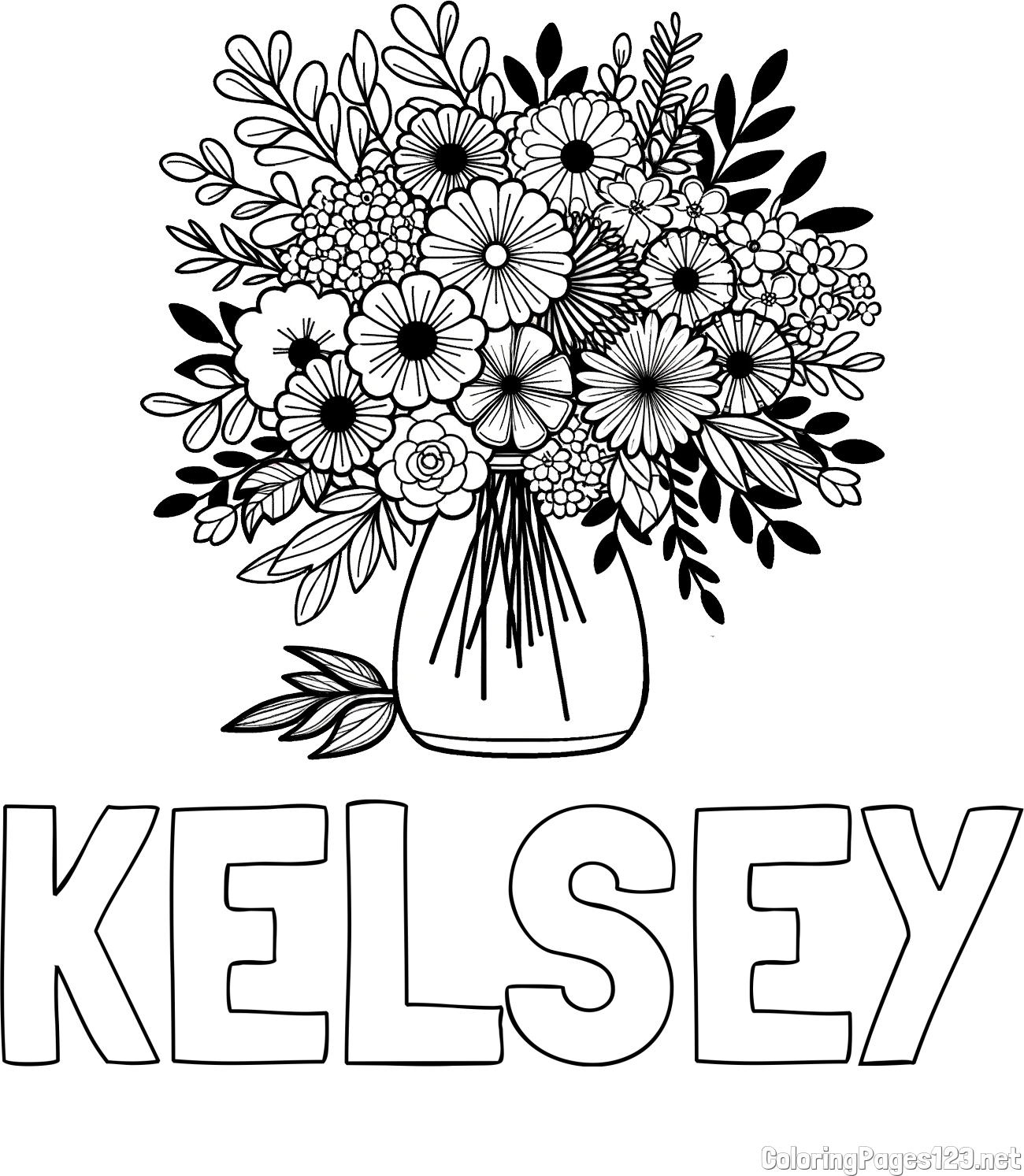 KELSEY Coloring Page and Flower Bouquet Coloring Page