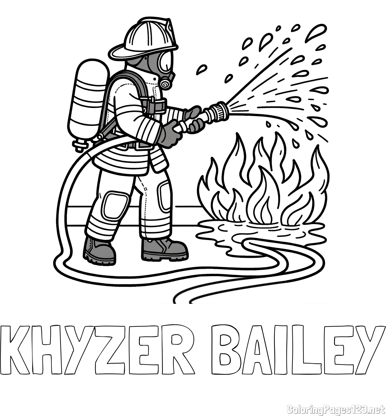 KHYZER BAILEY Coloring Page and A coloring page of a firefighter and a big fire