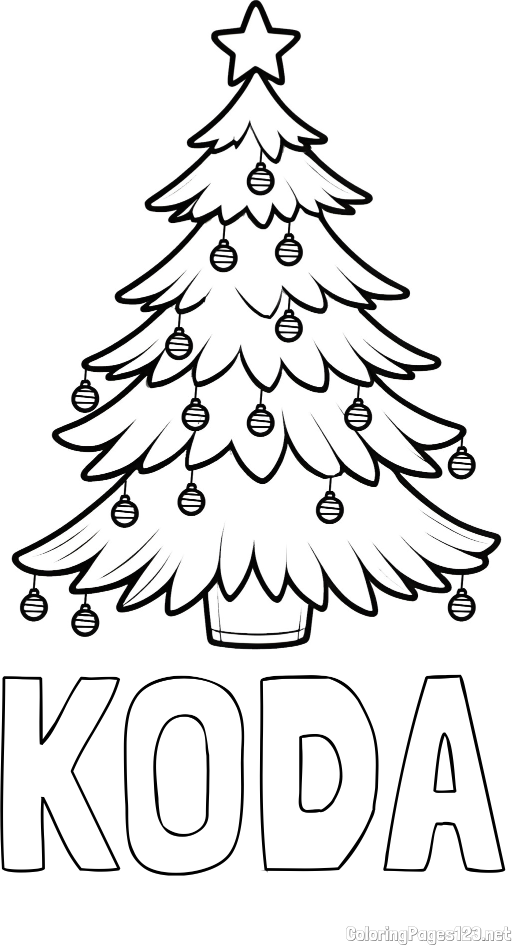 KODA Coloring Page and Christmas Tree with Star and Ornaments Coloring Page