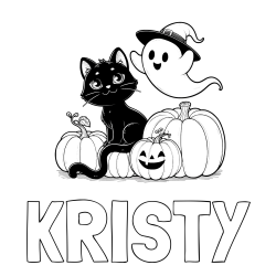 Online Created Coloring Page - KRISTY Coloring Page and Halloween Pumpkin Coloring Page for Kids - Happy Cat, Ghost, and Pumpkins