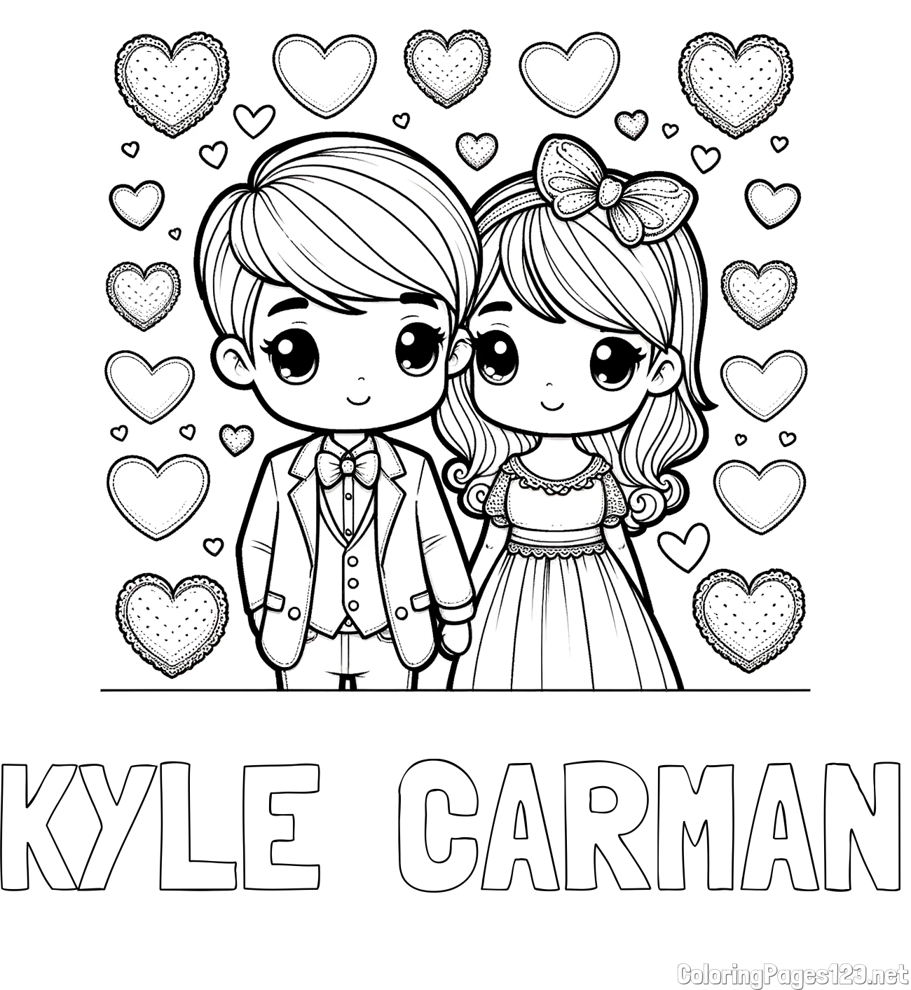 KYLE  CARMAN Coloring Page and Coloring Page of a Couple Surrounded by Hearts