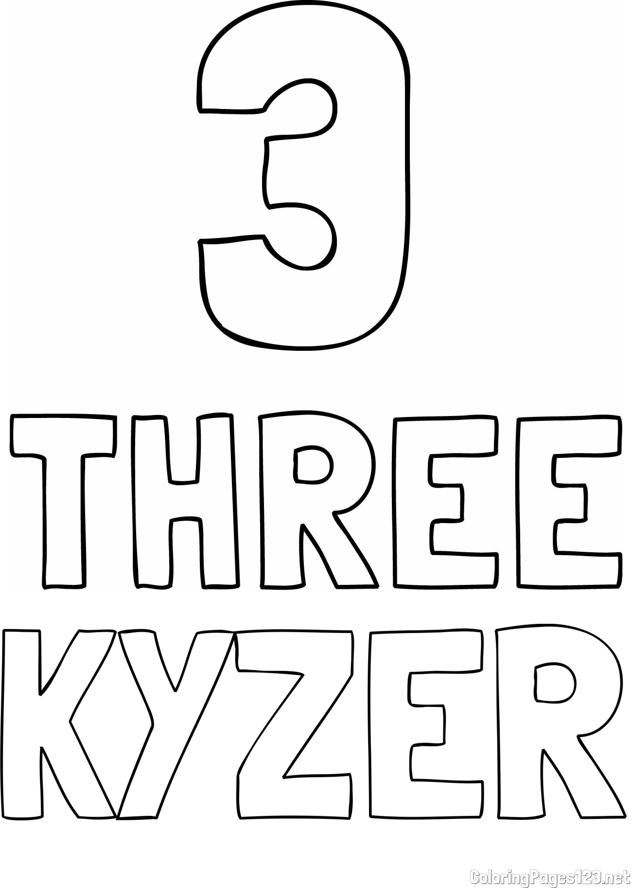 KYZER Coloring Page and Coloring of the Number Three (3) with the Written Name