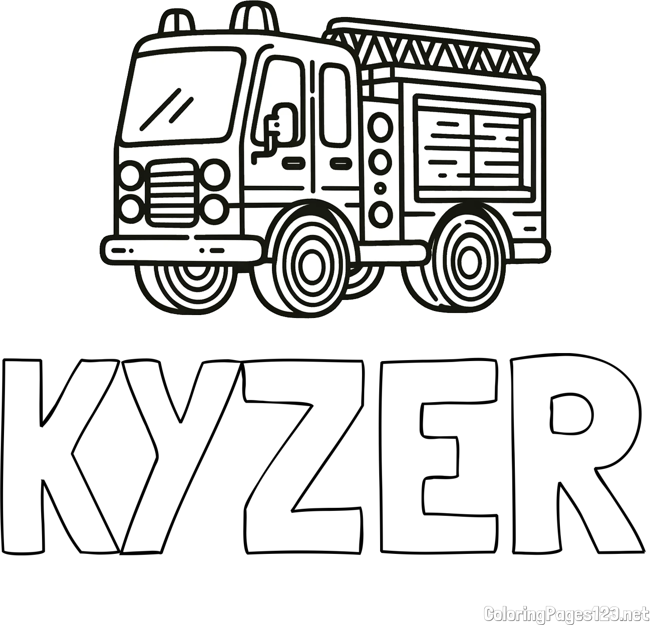 KYZER Coloring Page and Coloring page of a fire truck