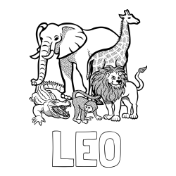 Online Created Coloring Page - LEO Coloring Page and Zoo Animals Coloring Page - Elephant, Tiger, Monkey, and Crocodile