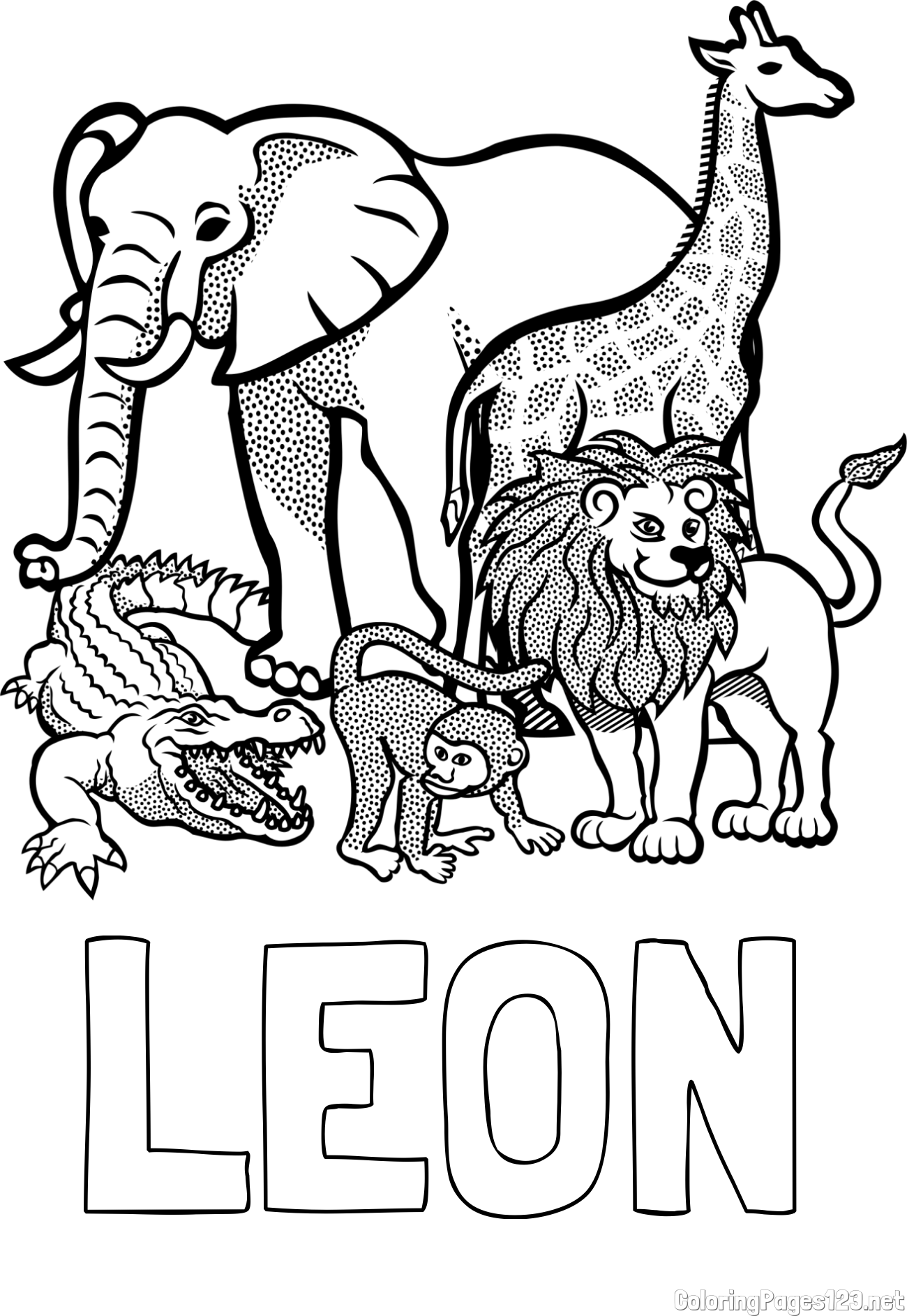 LEON Coloring Page and Zoo Animals Coloring Page - Elephant, Tiger, Monkey, and Crocodile