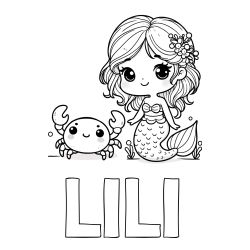 Online Created Coloring Page - LILI Coloring Page and Coloring Page of a Cute Mermaid and a Cheerful Crab