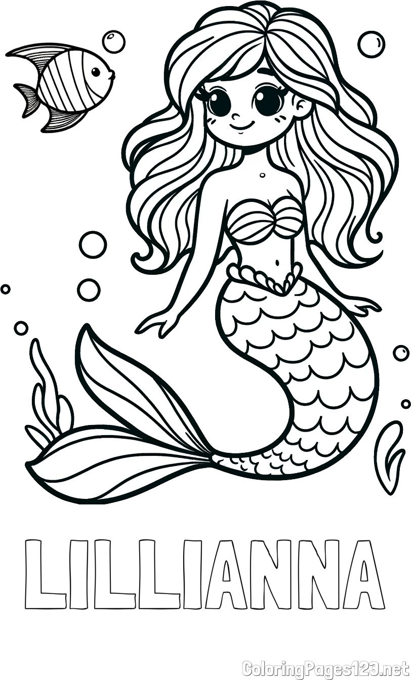 LILLIANNA Coloring Page and Coloring Page of a Little Mermaid and Fish