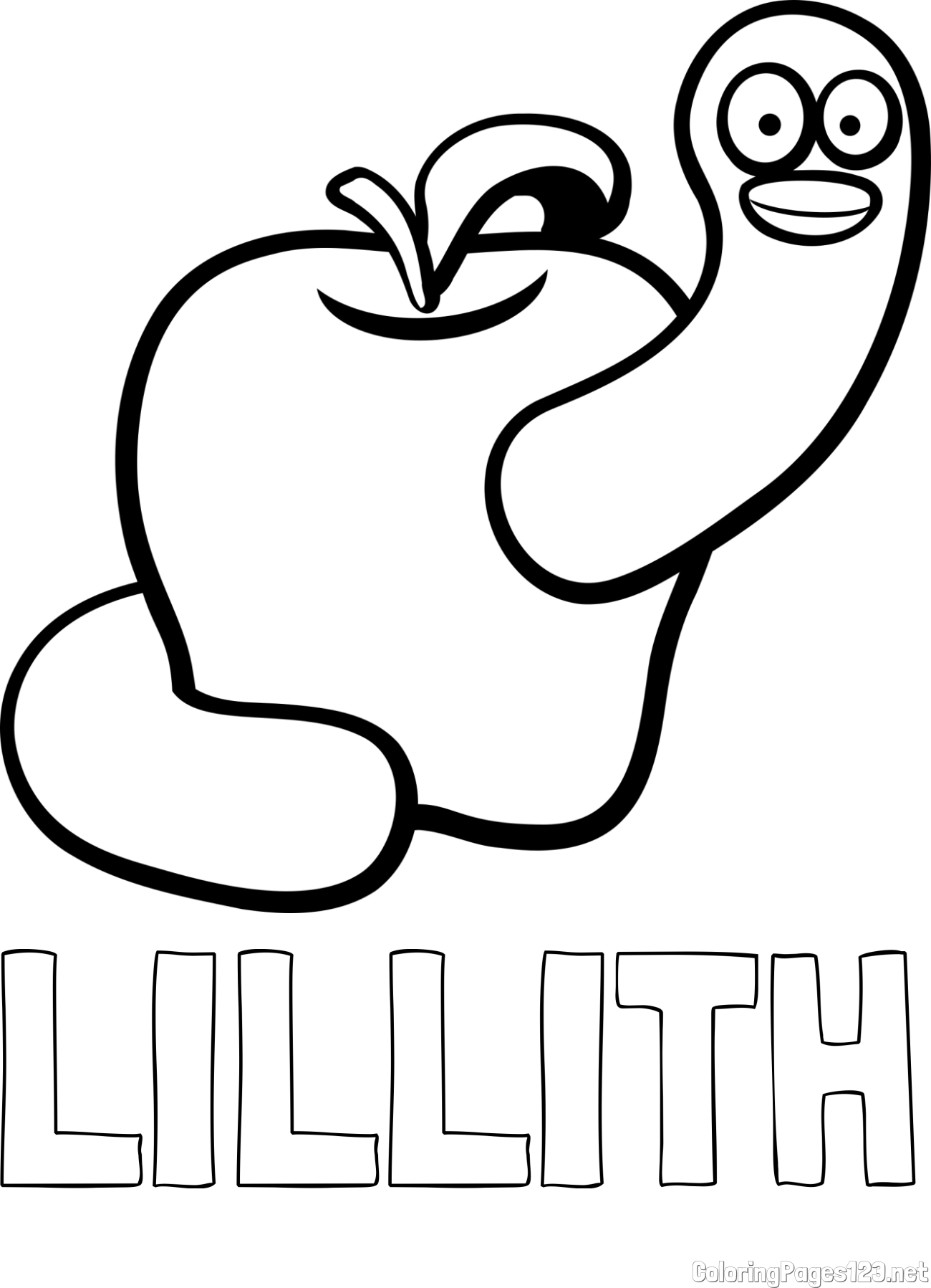 LILLITH Coloring Page and Apple and Smiling Worm Coloring Page