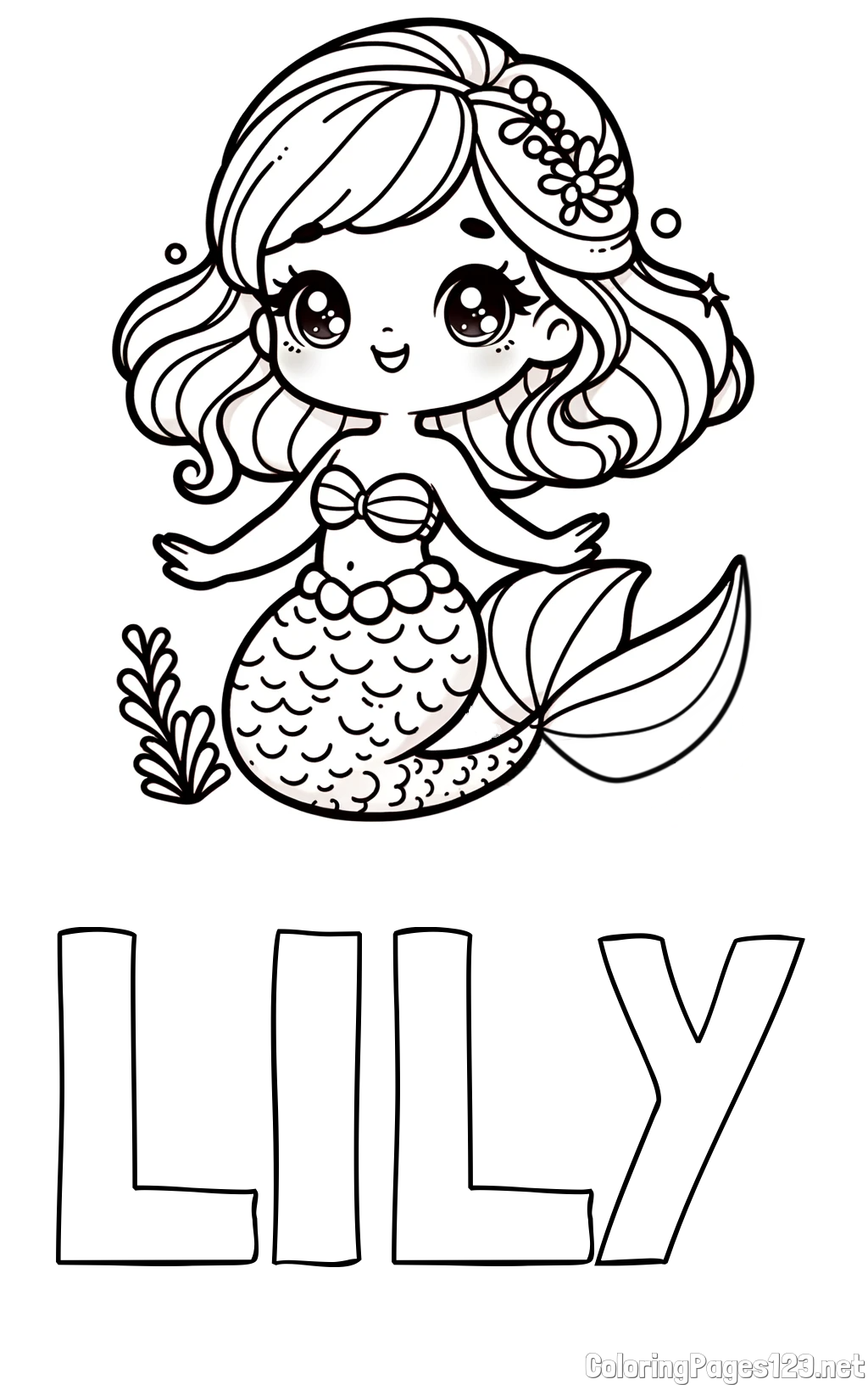 LILY Coloring Page and Coloring Page of a Charming Mermaid