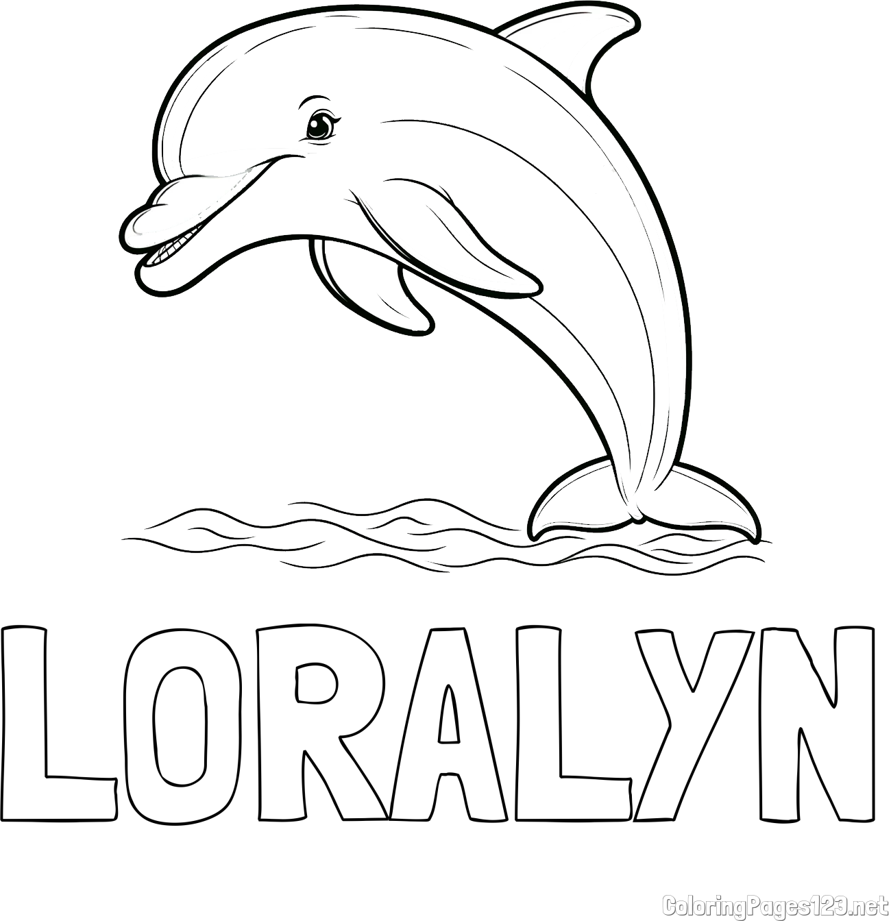 LORALYN Coloring Page and Children's Coloring Page of a Smiling Dolphin Jumping