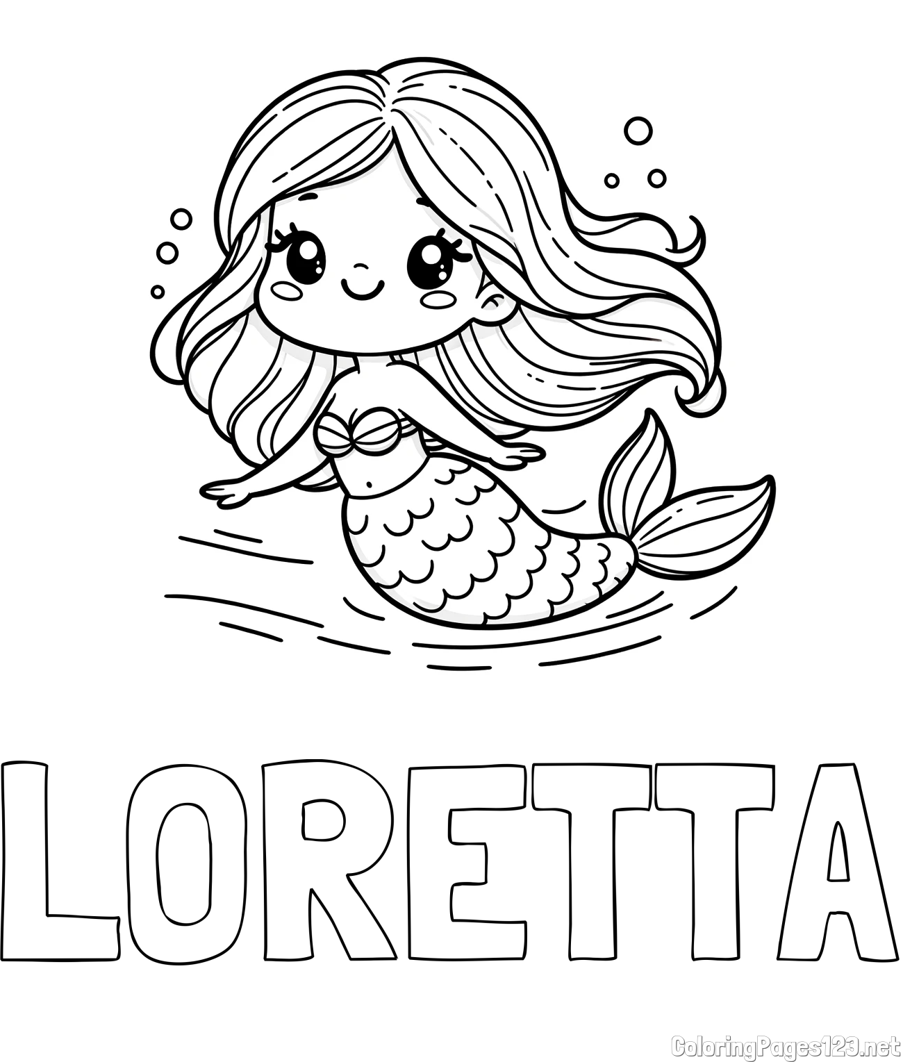 LORETTA Coloring Page and Coloring Page of a Cute Mermaid