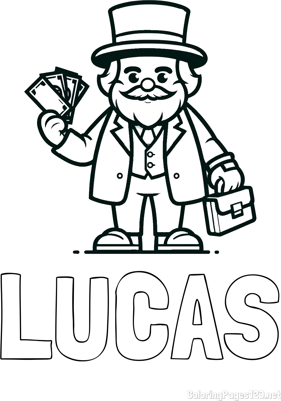 LUCAS Coloring Page alongside Coloring Page of a Greedy Banker