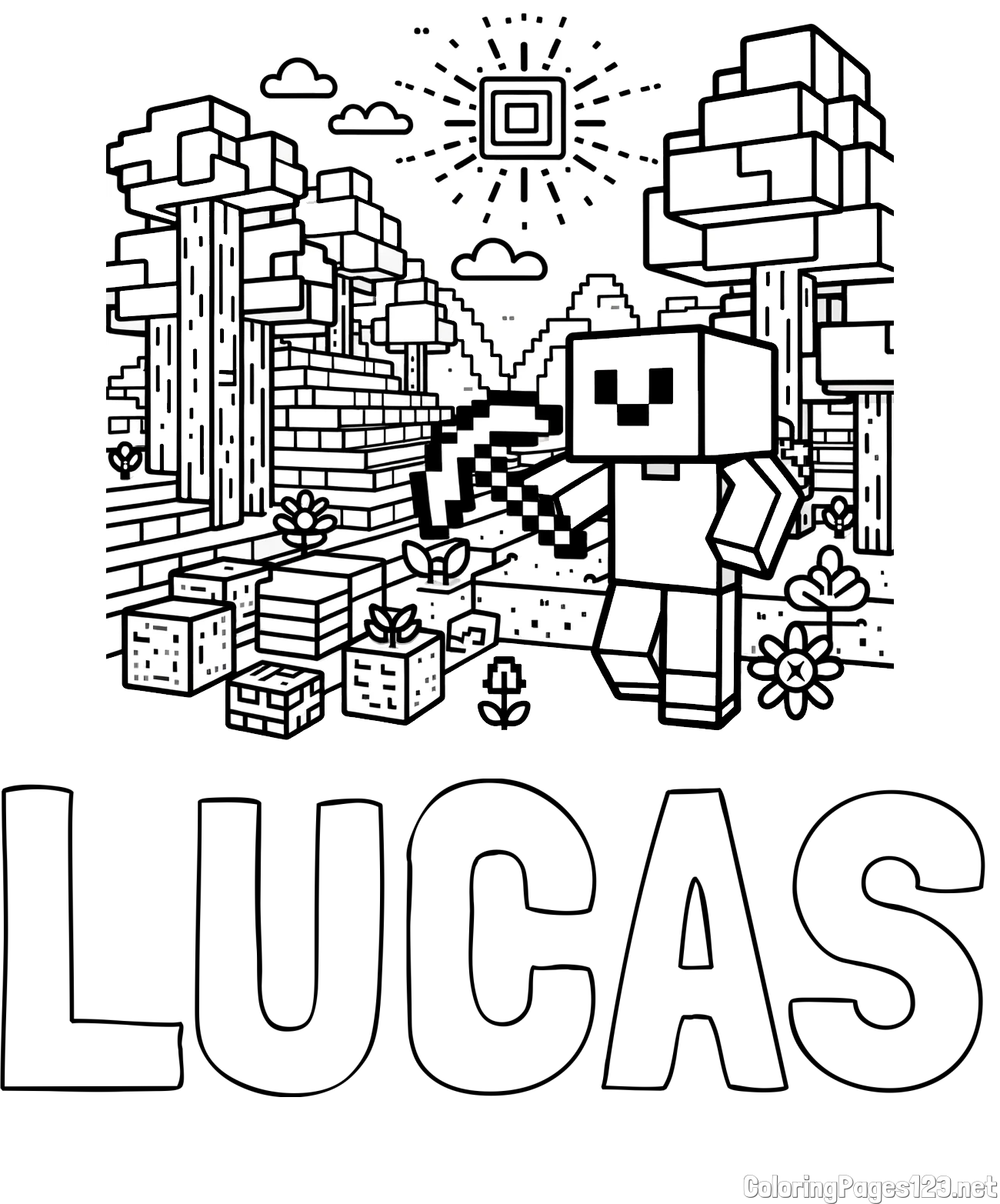 LUCAS Coloring Page alongside Minecraft World Coloring Page