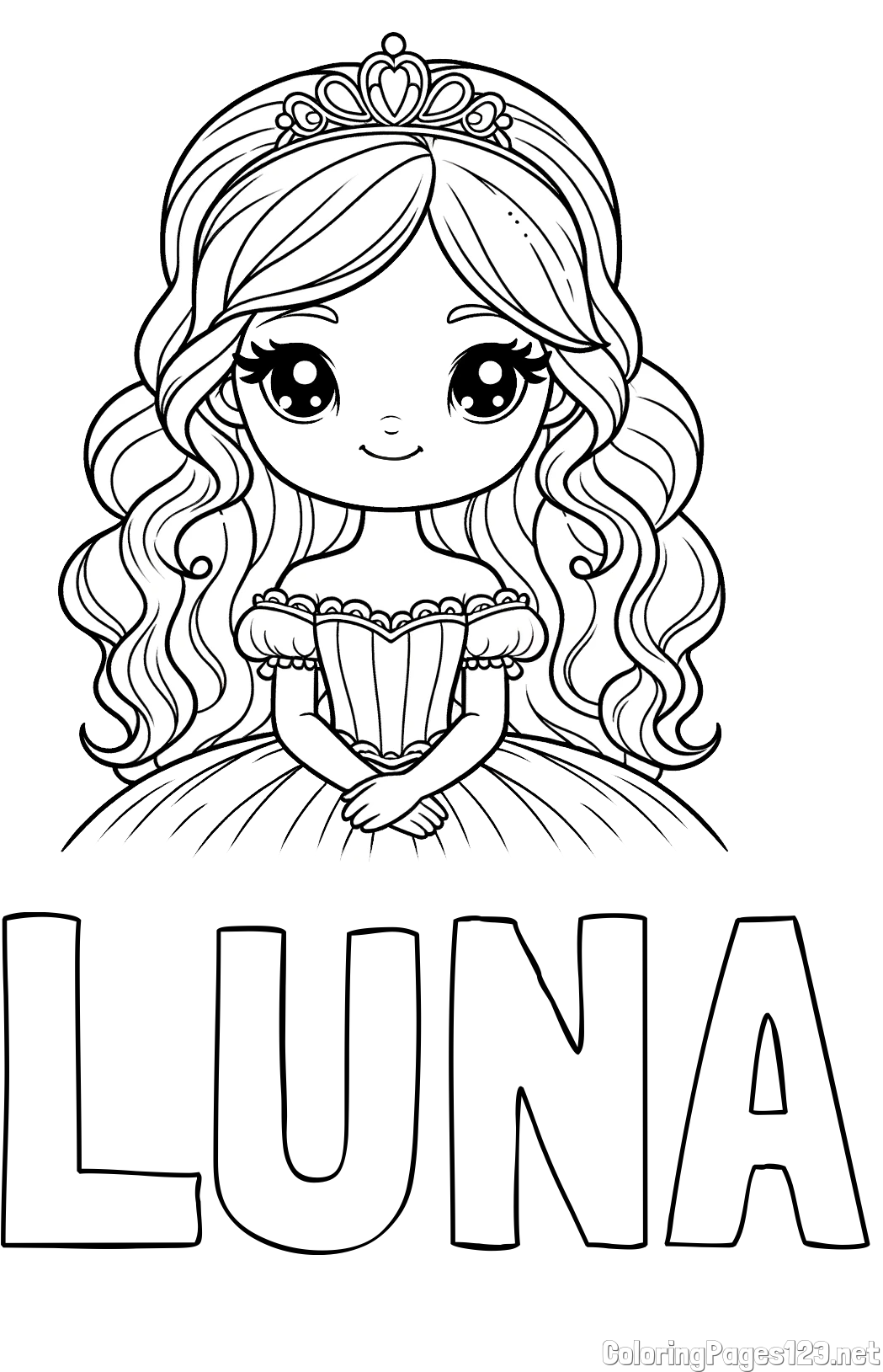 LUNA Coloring Page and Coloring Page of a Cute Princess with Big Eyes