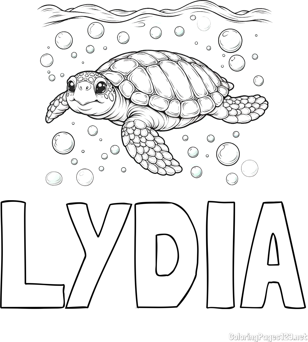 LYDIA Coloring Page and Coloring Page of a Sea Turtle Swimming in the Ocean