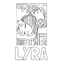 Online Created Coloring Page - LYRA Coloring Page and Halloween Coloring Page of a Cat with Pumpkin and Spooky Ghosts