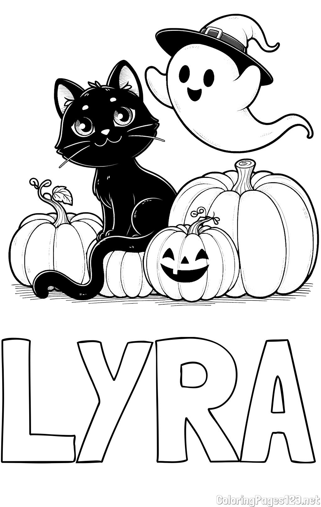 LYRA Coloring Page and Halloween Pumpkin Coloring Page for Kids - Happy Cat, Ghost, and Pumpkins