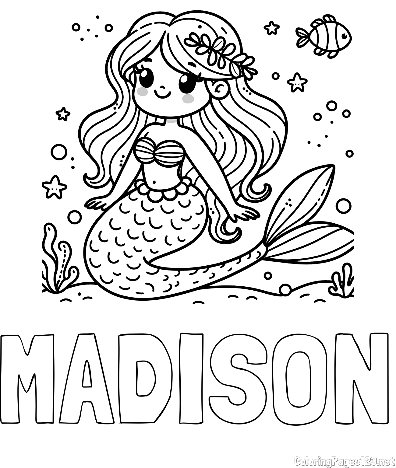 MADISON Coloring Page and Coloring Page of a Cute Mermaid in the Sea