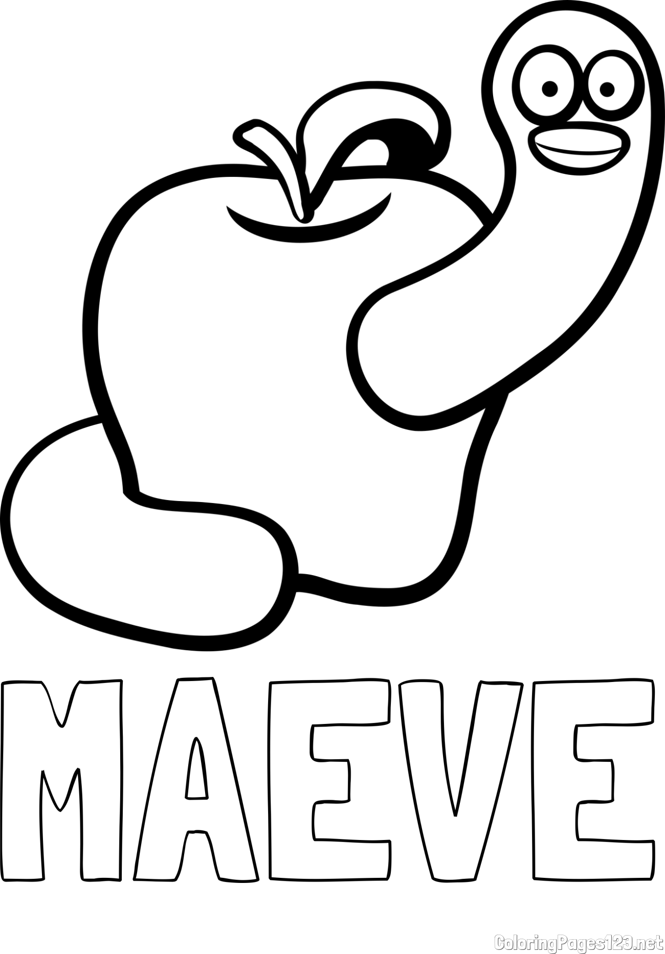 MAEVE Coloring Page and Apple and Smiling Worm Coloring Page