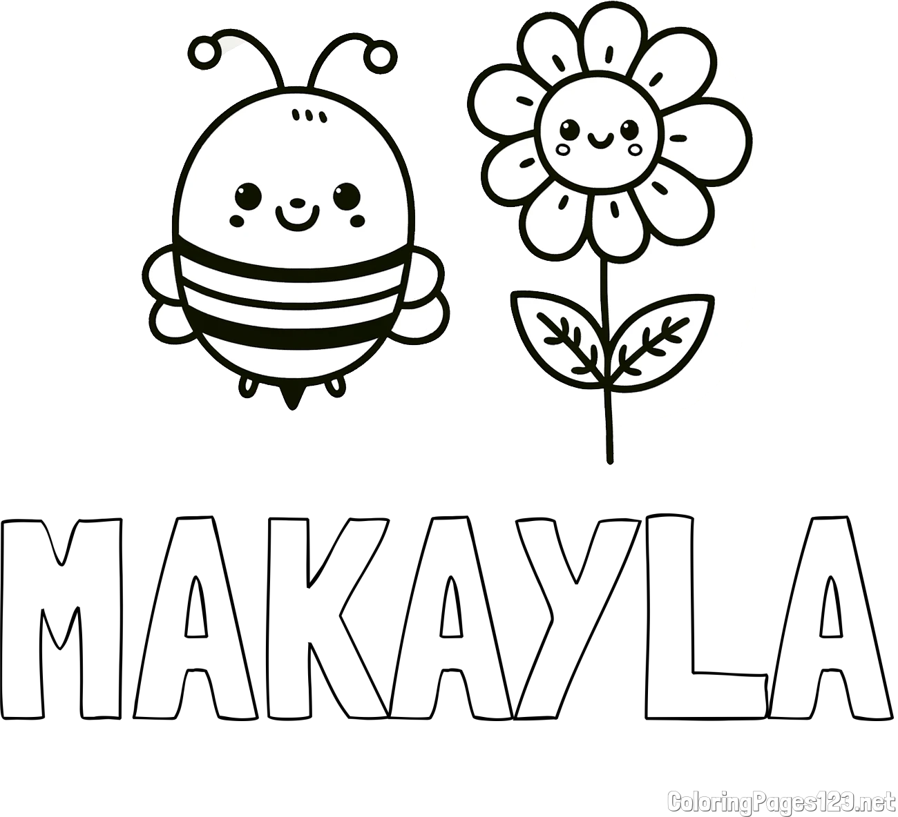 MAKAYLA Coloring Page and Coloring Page of a Cute Bee and Smiling Flowers