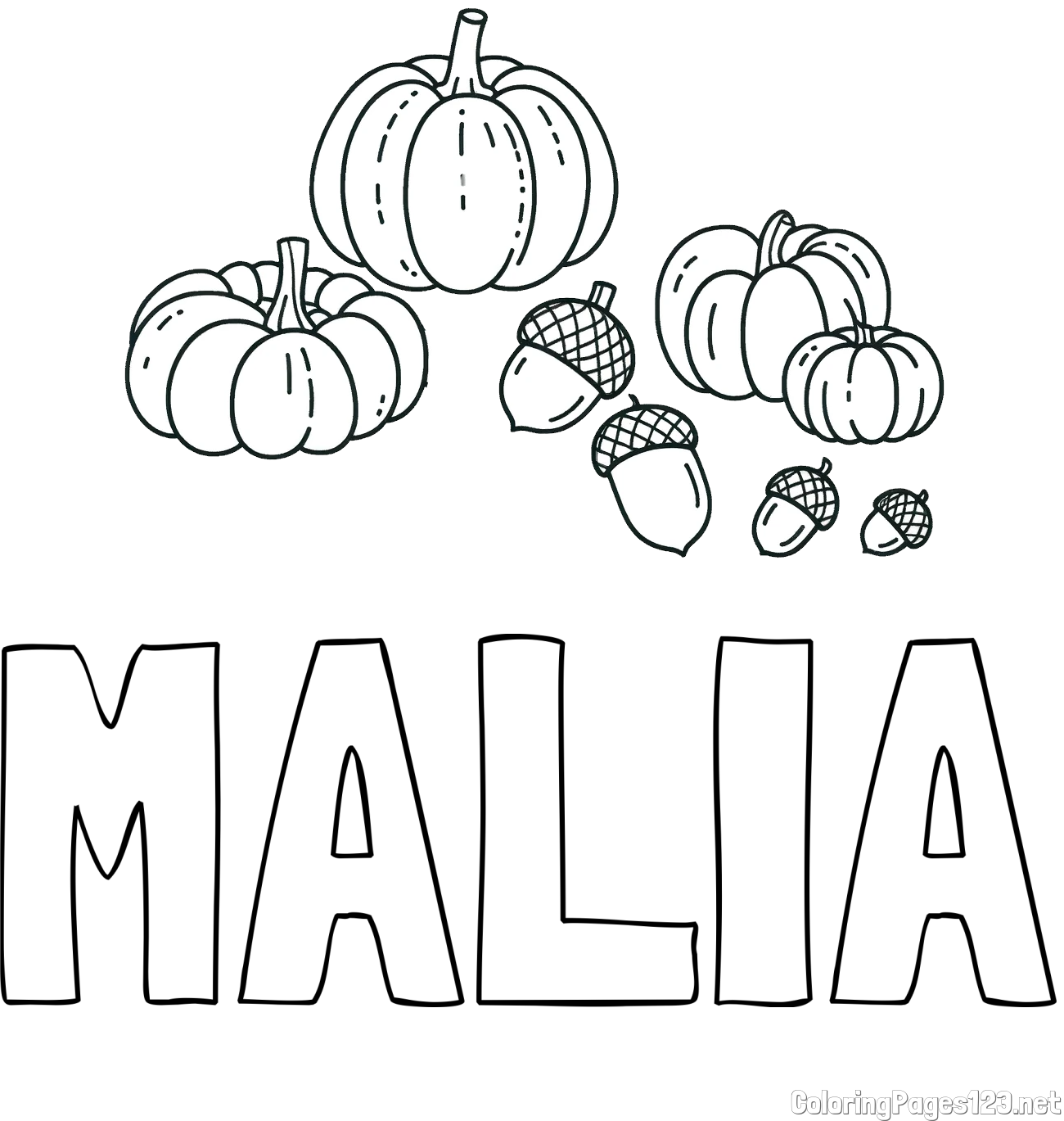 MALIA Coloring Page and Autumn Harvest Coloring Page - Acorns and Pumpkins