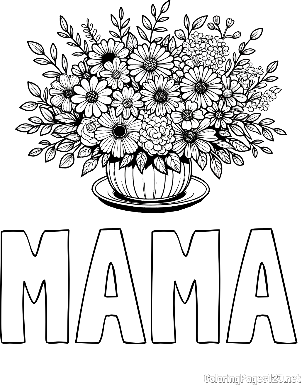 MAMA Coloring Page and Beautiful Bouquet of Flowers Coloring Page