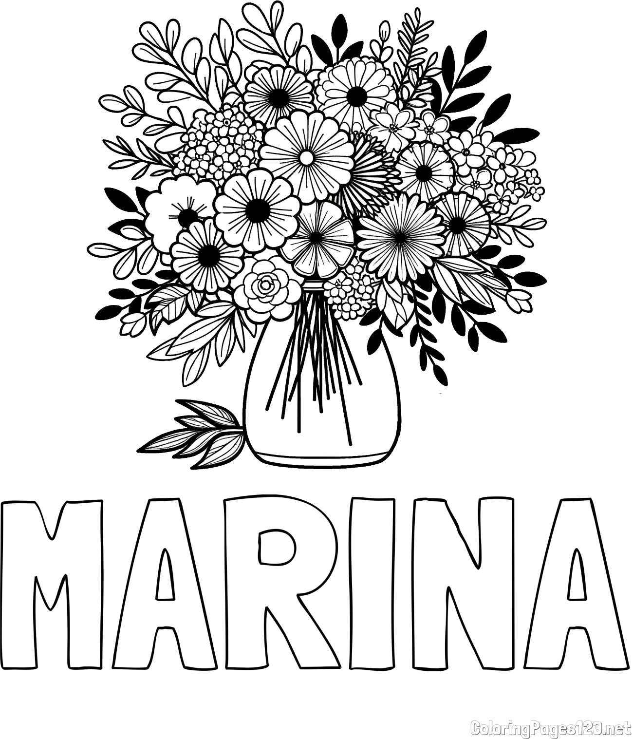 MARINA Coloring Page and Flower Bouquet Coloring Page