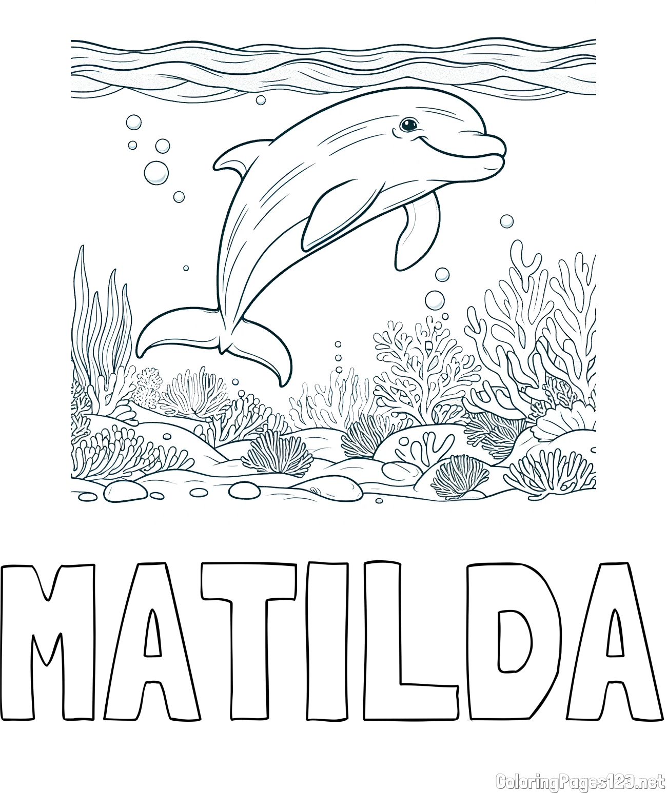 MATILDA Coloring Page and Coloring Page of a Cute Dolphin Swimming in the Sea