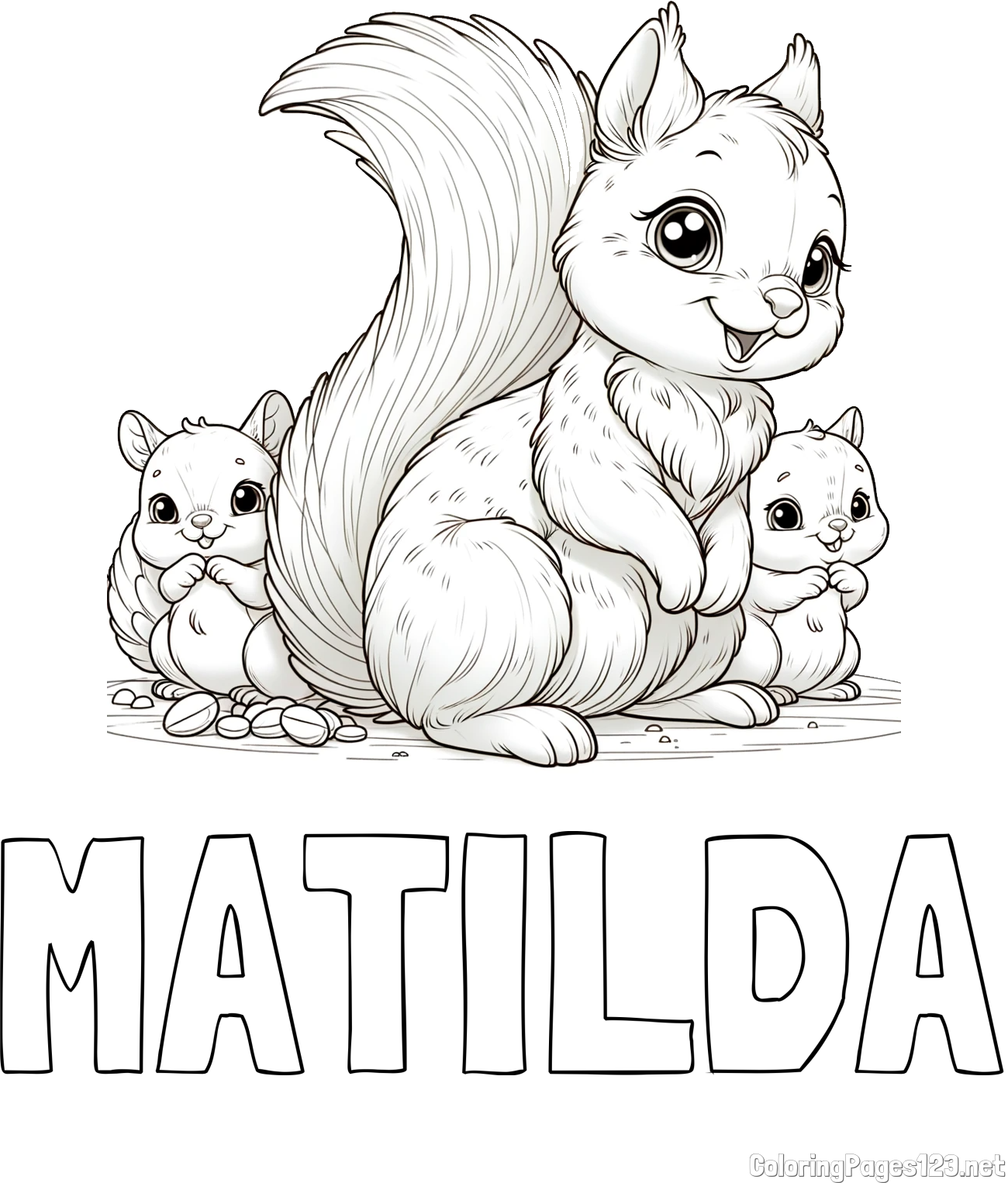 MATILDA Coloring Page and Free Printable Coloring Page of a Squirrel and Pups