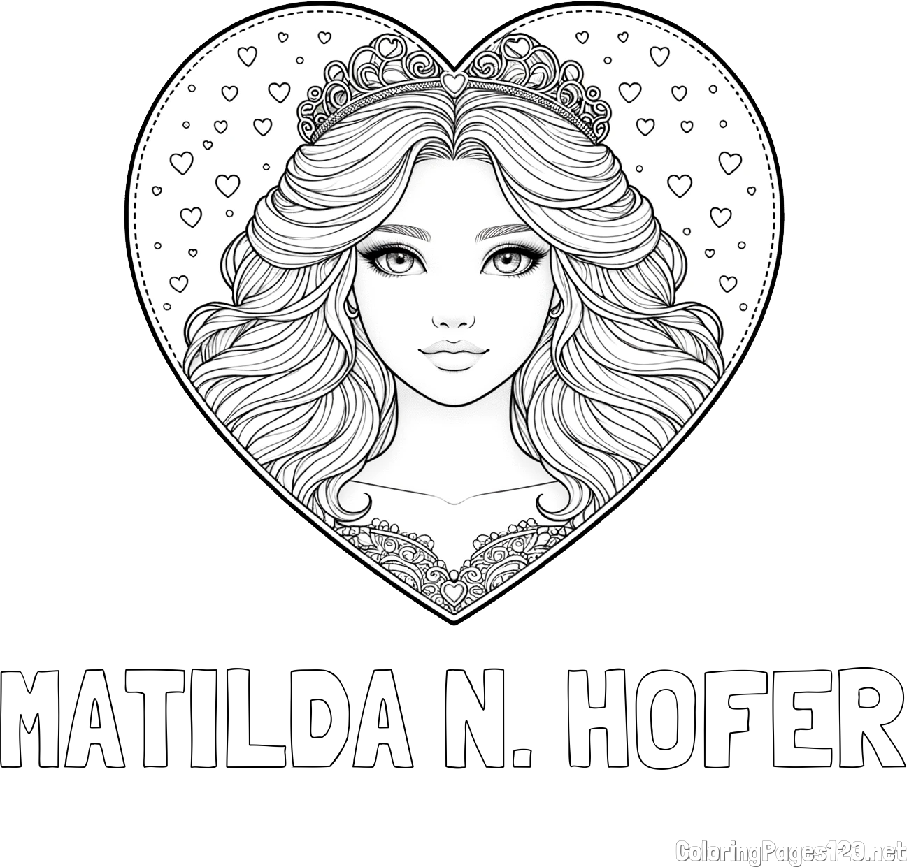 MATILDA N. HOFER Coloring Page and Coloring Page of a Princess in a Heart