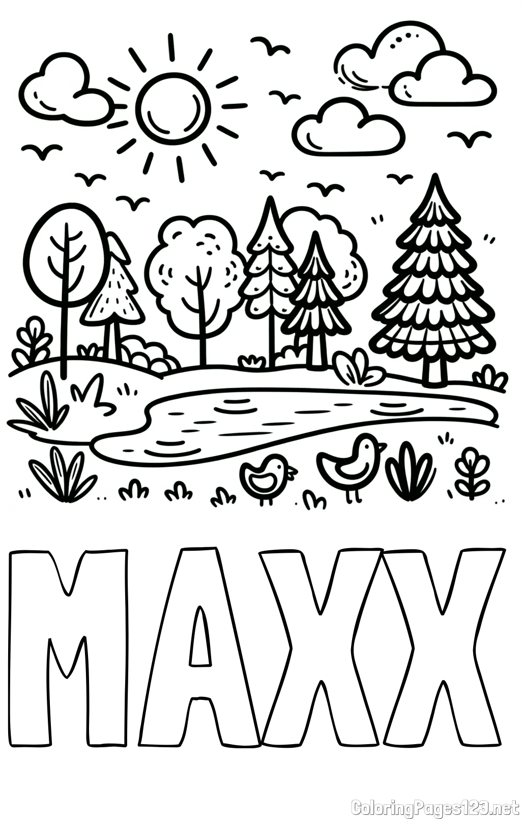 MAXX Coloring Page and Summer Coloring Page - Pond, Ducks and Forest