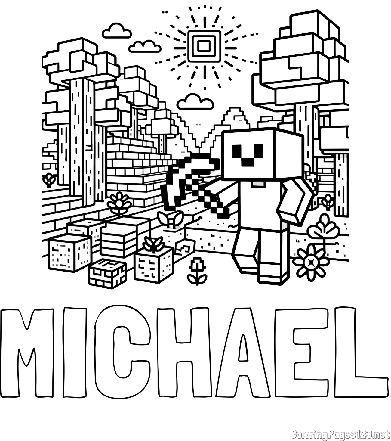 MICHAEL Coloring Page and Minecraft World Coloring Page