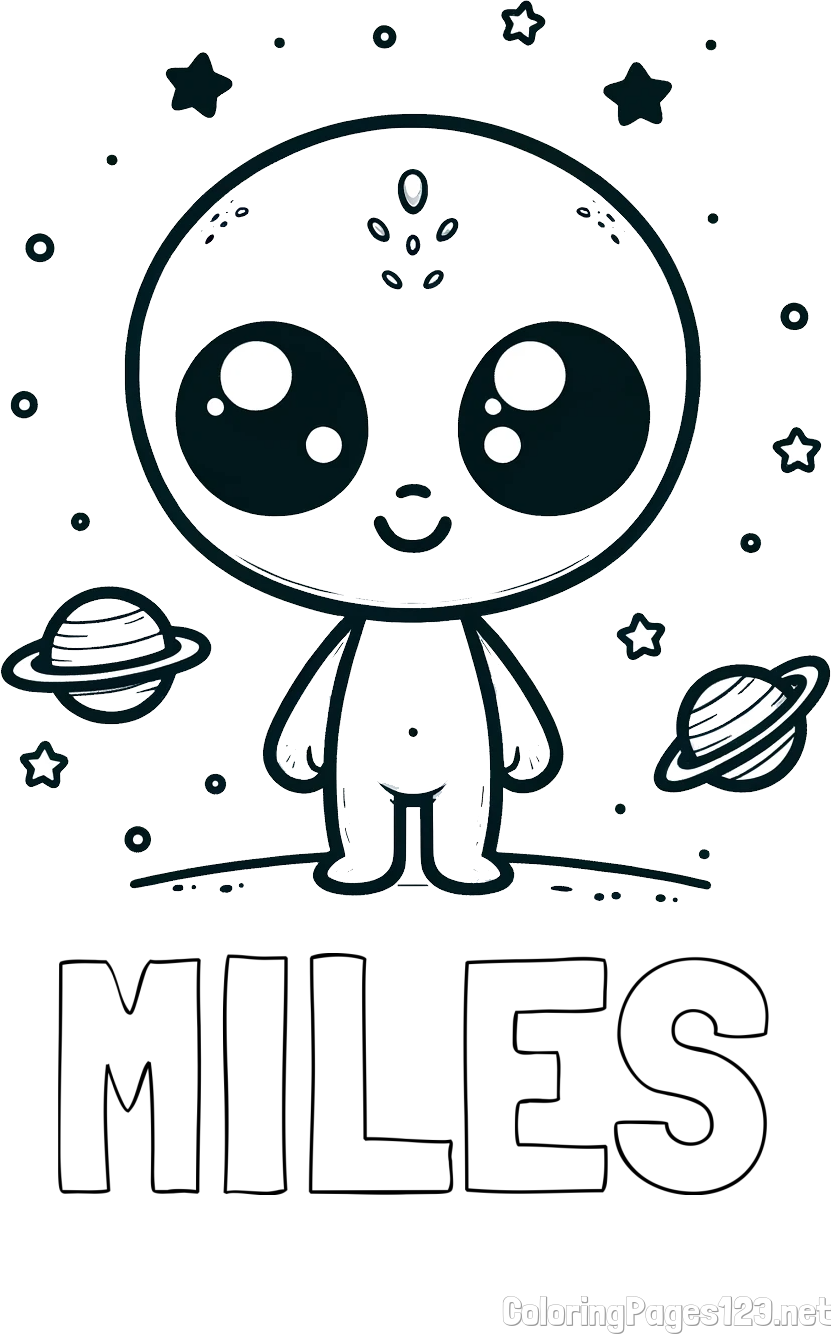 MILES Coloring Page alongside Cute Alien Coloring Page - Smiling with Planets and Stars