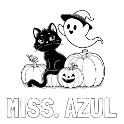 Online Created Coloring Page - MISS. AZUL Coloring Page and Halloween Pumpkin Coloring Page for Kids - Happy Cat, Ghost, and Pumpkins