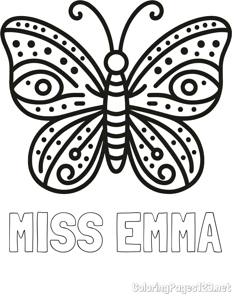 MISS EMMA Coloring Page and Butterfly Coloring Page (Simple)